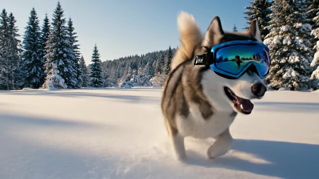 Husky dog wearing ski goggles running through deep snow. Siberian husky playing in a winter forest on a sunny day. Winter pet adventure concept