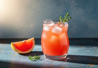 A refreshing pink cocktail with ice cubes and a slice of grapefruit on a rustic blue table with a sprig of thyme on top