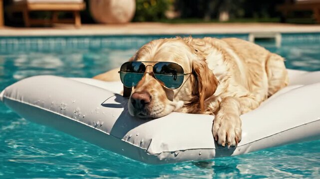 Golden Retriever wearing sunglasses on a pool float. Dog relaxing on inflatable mattress in swimming pool. Summer vacation and pet leisure concept