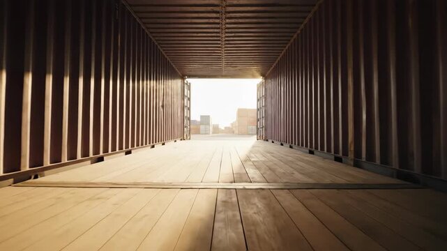 Interior view of an empty shipping container with open doors. Moving forward inside a cargo container towards sunlight. Logistics and transport concept