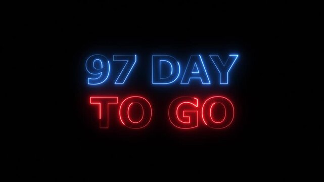 Glowing neon text 97 day to go Intro animation. Promo style background 4k video.
