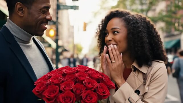 Man surprising a woman with a large bouquet of red roses in the city. Happy couple walking on an urban street. Romantic gesture and dating concept