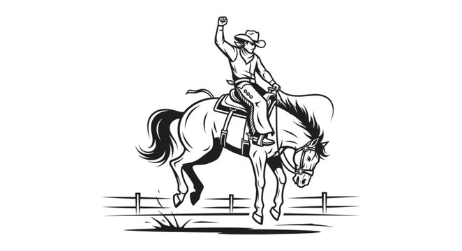 Cowboy riding a bucking bronco horse in a rodeo event.