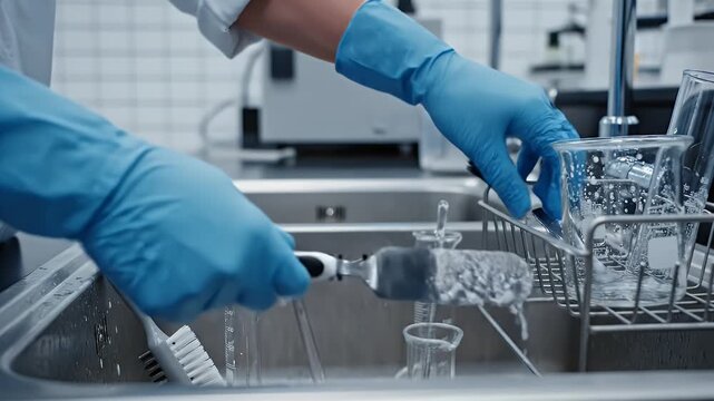 Close-Up Of Hands In Blue Gloves Washing Laboratory Glassware With Brush Under Running Water In A Brightly Lit Sink