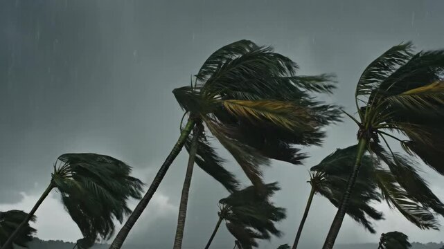 Palm trees swaying in a powerful tropical storm. Hurricane force winds and heavy rain against a dark sky. Extreme weather conditions