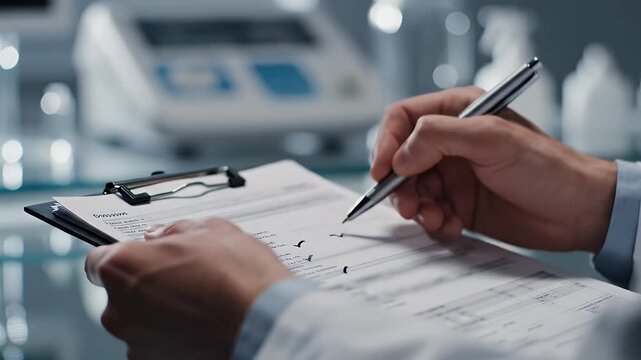 Detailed Clinical Data Analysis Close Up Of Doctor Hands Reviewing Patient Chart And Taking Notes With Pen In Modern Laboratory Setting With Blurred