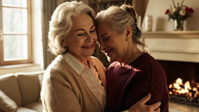 Senior lesbian couple hugging and smiling in cozy living room. Happy elderly women embracing near fireplace