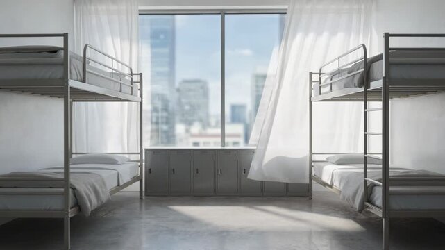 Medium frame capturing a minimalist urban dorm interior with neatly arranged bunks sleek lockers and large windows showing a clear outoffocus cityscape beyond.