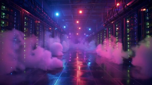 Futuristic data center with glowing racks and wisps of purple and pink smoke, evoking a sense of advanced technology and mysterious digital realms