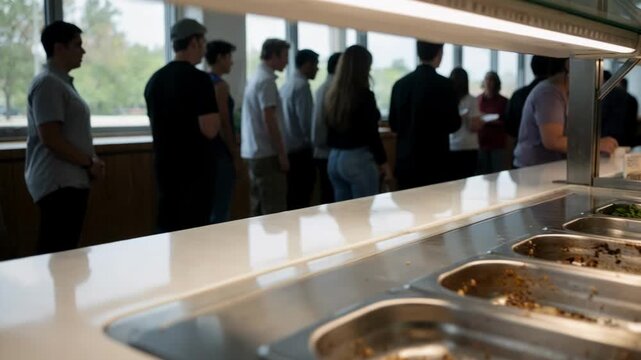 Medium shot of AIpowered monitoring system highlighting nearly empty serving pans blurred guests in line to show automatic refill detection.