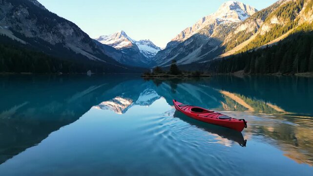 Red kayak floating on turquoise mountain lake with reflection. Scenic landscape of empty boat on water