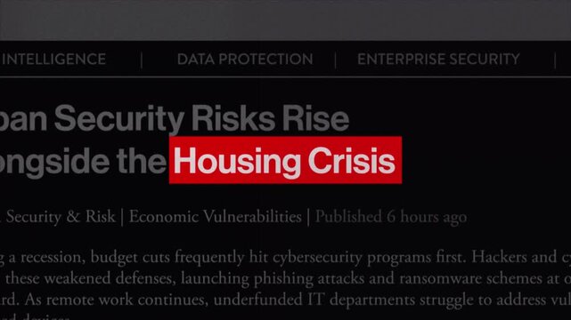 Housing crisis fast sequence news articles headline title animation with documentary style