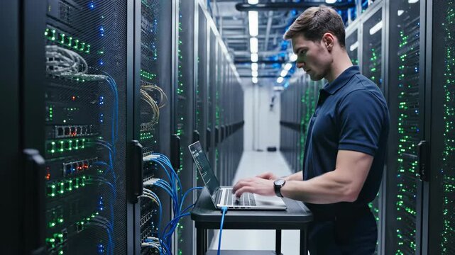 IT technician working on a laptop in a modern server room. Network engineer monitoring data center infrastructure