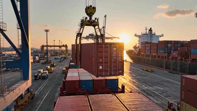 Gantry crane loading a red container onto a cargo ship at sunset. Industrial port logistics and maritime transport. Global trade and shipping industry concept