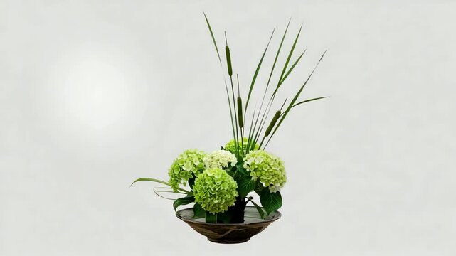 Elegant arrangement of green hydrangeas in a decorative bowl with soft background lighting