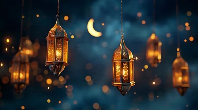 Hanging Ramadan Lanterns with Crescent Moon Night Animation Loop
