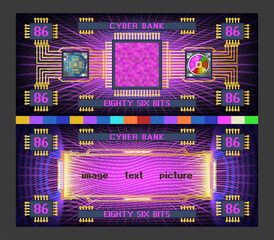 Fototapeta premium Vector obverse and reverse of futuristic abstract electronic banknote. Digital money. Cyber bank, denomination 86 bits. Bright glowing radiant screen. Graphic computer chip, pixels. Sample