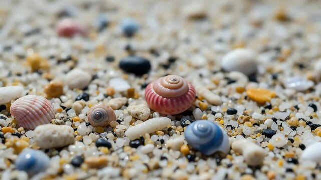 Colorful seashells scattered on sandy beach, with pebbles and ocean waves in the background