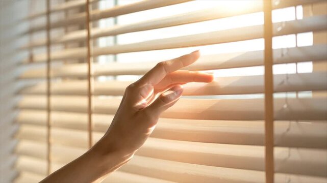 A hand opening blinds, letting in sunlight. Warm tones and shadows. Close-up shot