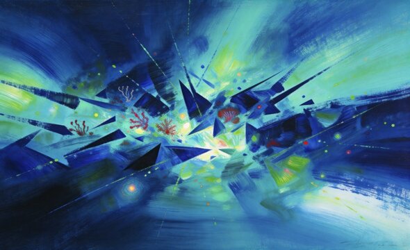 Jagged abstract forms explode with vibrant coral in deep blue-green abstract underwater scene for stock.