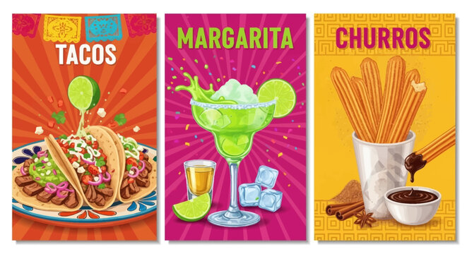 Vibrant Mexican food posters featuring savory street tacos, a refreshing margarita cocktail, and crispy cinnamon sugar churros for a festive menu promotion.