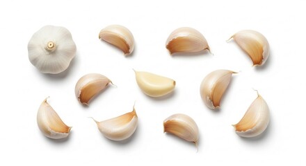 Flat Lay Composition of Fresh Garlic Bulb and Cloves Isolated on White Background