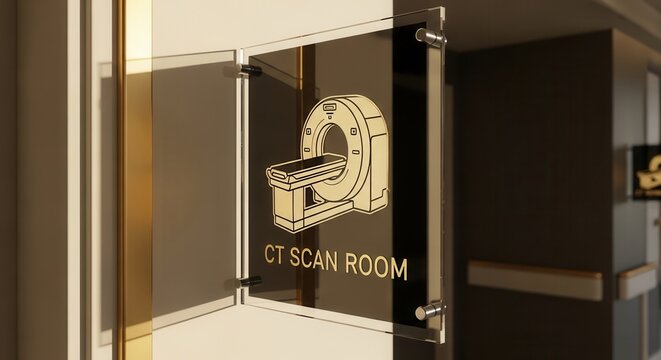 CT Scan Room Entrance Sign Depicting Modern Medical Equipment In Gold Design
