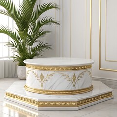 White Marble Podium with Gold Accent for Premium Product Display Background.