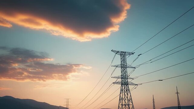 Electricity pylons cross a rural landscape at golden hour, high voltage lines stretching toward mountains under a warm sky, symbolizing modern energy infrastructure and grid connection