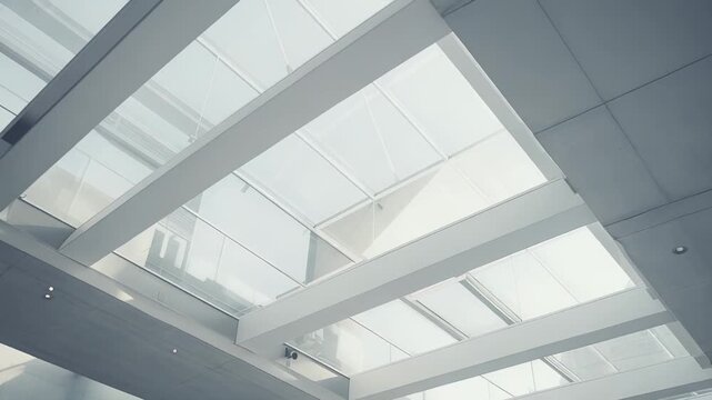 Modern architecture building interior highlighting a bright glass ceiling and structural beams, creating a spacious and contemporary design with abundant natural light