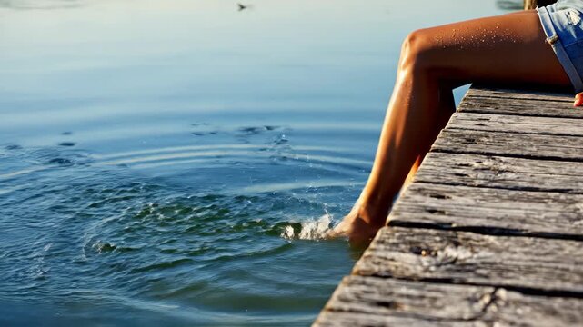 Person dipping feet into water from a wooden pier. Legs splashing in a lake during summer vacation. Relaxation and leisure lifestyle concept