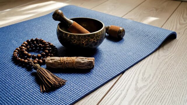Meditation tools on a blue yoga mat. Tibetan singing bowl and mala beads on wooden floor. Mindfulness and spiritual wellness concept
