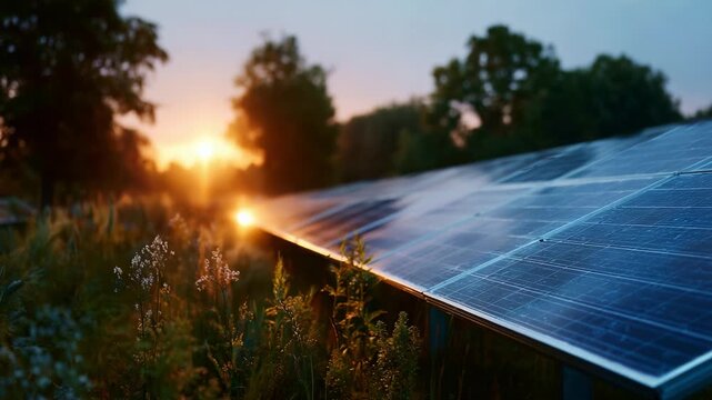 Breathtaking Sunrise Over a Solar Panel Field: Nature Meets Technology in Perfect Harmony with Glowing Reflections and Lush Surroundings