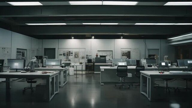 Large empty modern scientific facility workspace with multiple computer workstations, research desks, and equipment, reflecting late night work in a professional laboratory environment