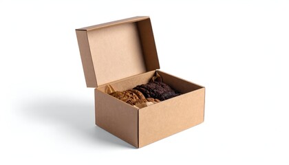 Box of cookies open cardboard container filled with diverse baked treats on white