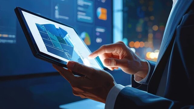 A person in a suit uses a tablet displaying data analytics with charts, graphs, and a blue hue