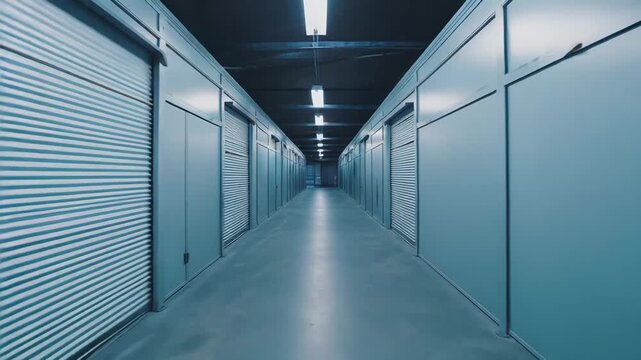Long empty hallway inside a modern self storage facility. Featuring rows of private locker doors and corrugated metal rolling doors illuminated by fluorescent ceiling lights. Creating a cool blue tone
