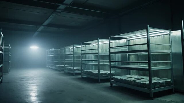 Vault like bunker storage room featuring rows of metal shelving racks, holding numerous bundles of paper money, creating a concept of hidden wealth or secure assets