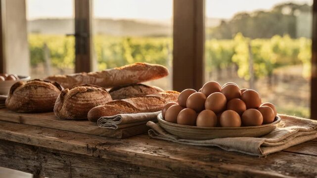 Focused medium shot of artisanal bread and farm eggs displayed on a weathered wood serving station inside a sunlit vineyard creating an elegant rustic catering vibe.