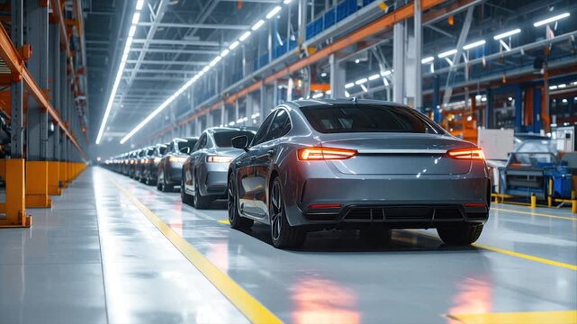 A row of gray cars on an assembly line. Tail lights illuminated. Long industrial space