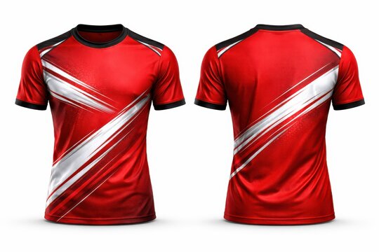 Front and back view of red and white sports t-shirt with dynamic design