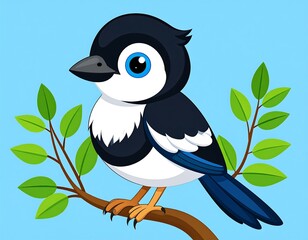 Naklejka premium A cartoon bird perches on a branch with leaves against blue background