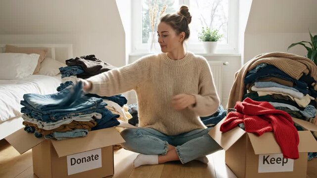 Young woman sorting clothes for donation and keeping. Decluttering wardrobe in bedroom with cardboard boxes
