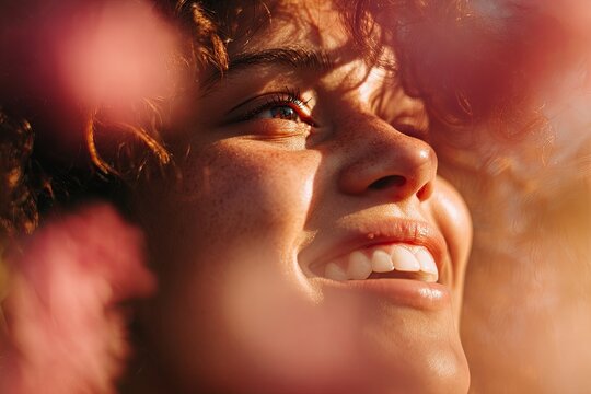 a person s face smiling, with soft light and a blurred background of bright flowers (joy in nature), positive emotion, high resolution, soft focus, ethereal light, 8k,