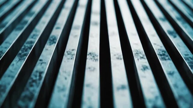 Metal surfaces with parallel bars creating a strong sense of perspective and repetition, highlighting texture and lines in a cool blue industrial setting