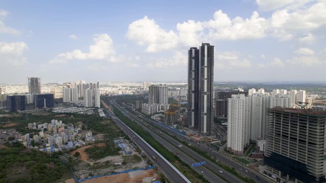 High angle view of Hyderabad, India, featuring modern skyscrapers, residential buildings, and highway