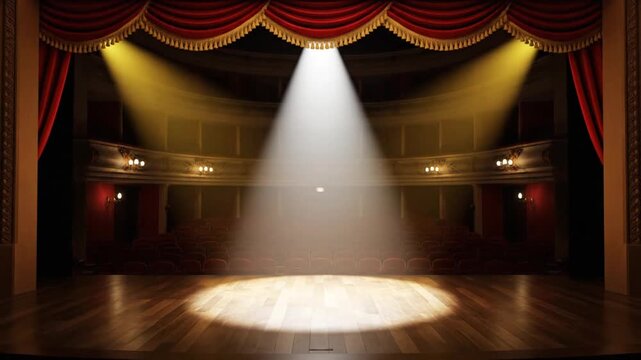 A stage with red curtains, a spotlight, and seating, creating an inviting and dramatic space