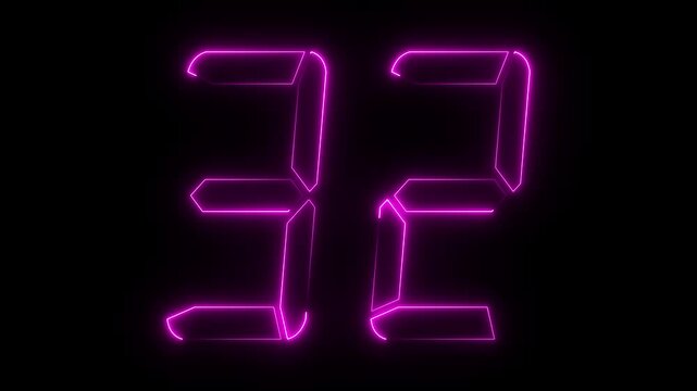 Neon Purple Number 32 Glowing Digital Display on Black Background for Technology and Countdown Concepts