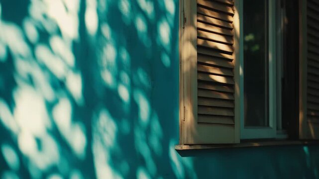 Sunlight casting dappled patterns of shadow and light on a blue building wall with architectural details and wooden window shutters creating an ambient atmosphere