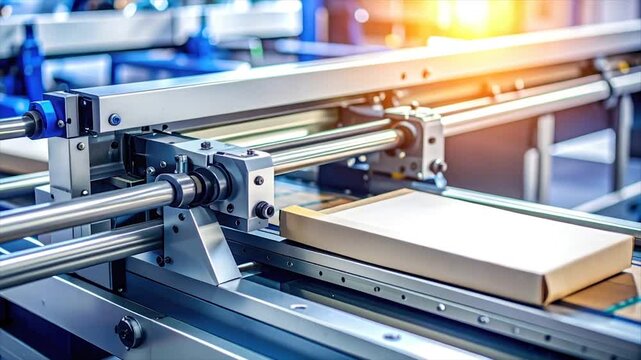 Industrial packaging machinery with a cardboard box, metal components, and bright lighting